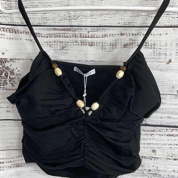 Zara Top Womens medium Beaded cropped bustier ruched Black New - Picture 9 of 11